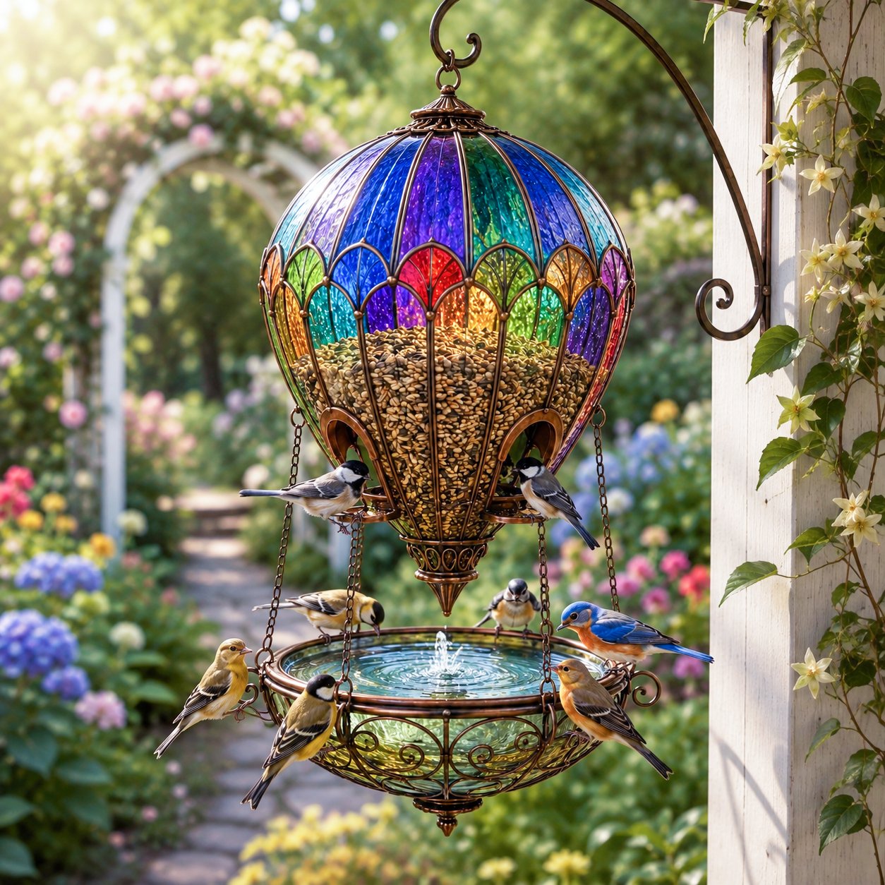 Stained Glass Hot Air Balloon Bird Feeder & Garden Fountain – Colorful Outdoor Bird Bath & Hanging Garden Decor