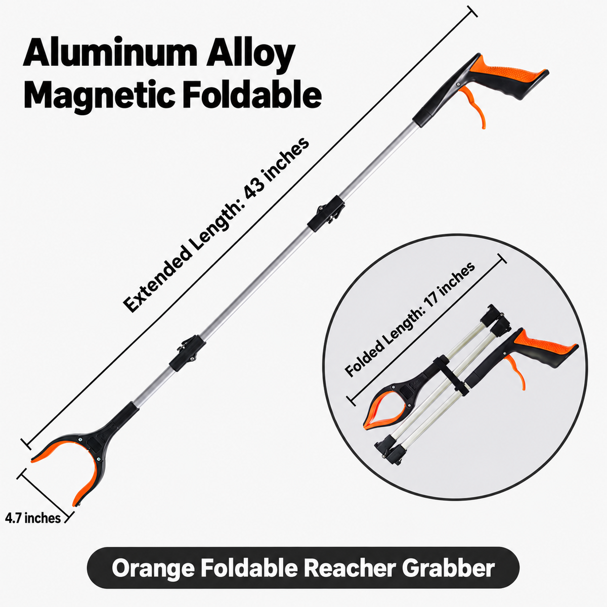 43' Extra Long Grabber Reacher Tool – Heavy Duty with 360° Rotating Jaw & Magnets