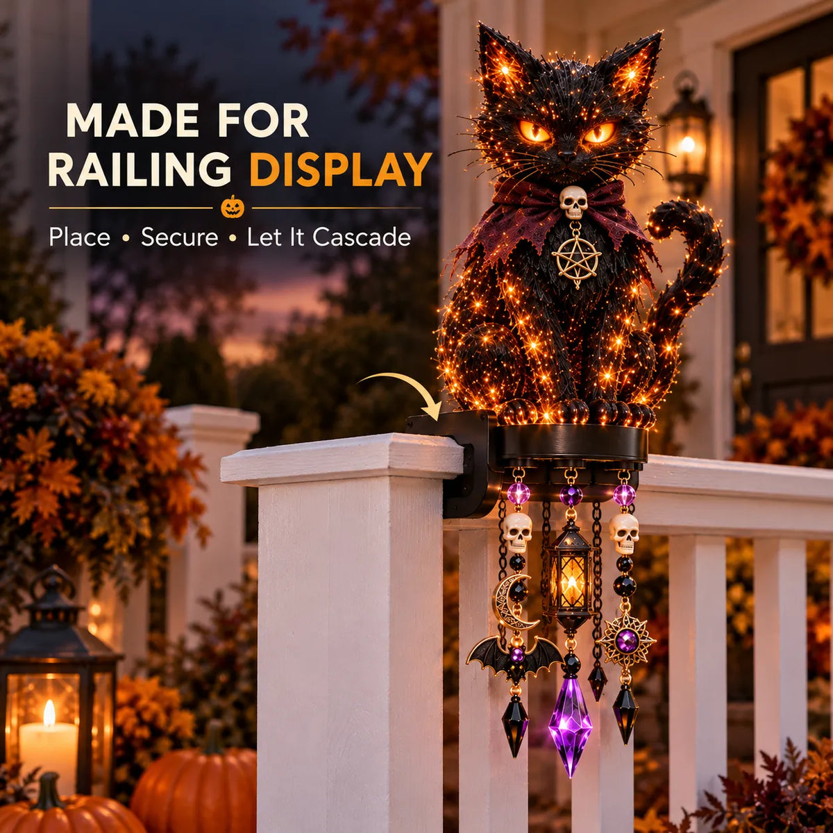 🔥 Halloween Character Glow Cascade Railing Lights – Pumpkin, Witch, Ghost & Black Cat