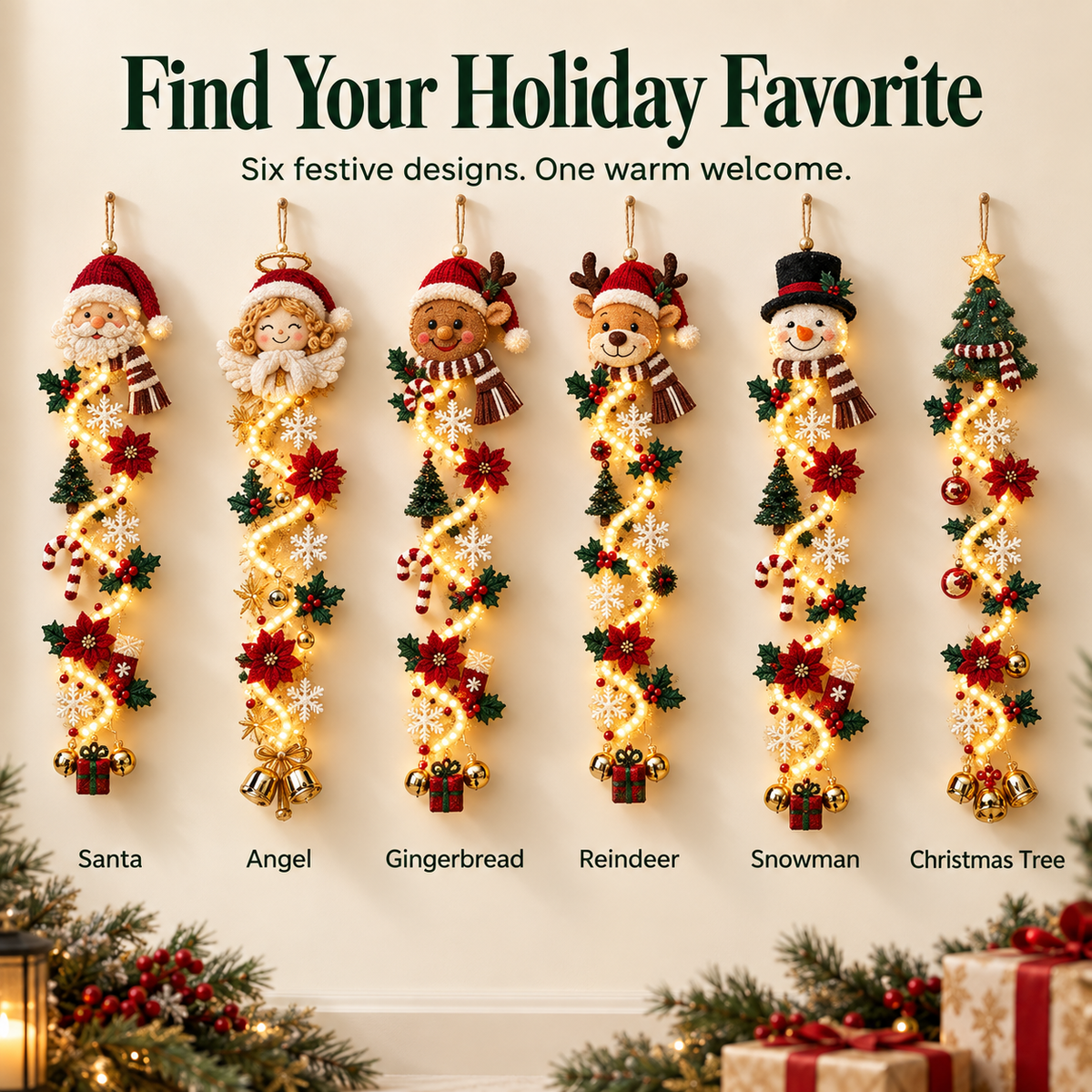 🎄 Lighted Christmas Door Hanger | 6 Festive Designs with Warm LED Glow & 3D Holiday Details
