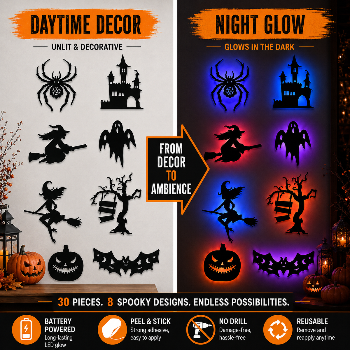 🦇 Adesivos de Parede de Halloween que Brilham no Escuro – Conjunto com 30 Peças para Portas, Janelas e Cenários de Festa 🎃👻