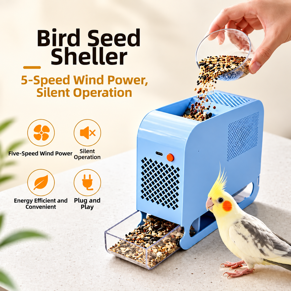 Electric Bird Seed Sheller & Chaff Separator – 5-Speed Quiet Seed Cleaner