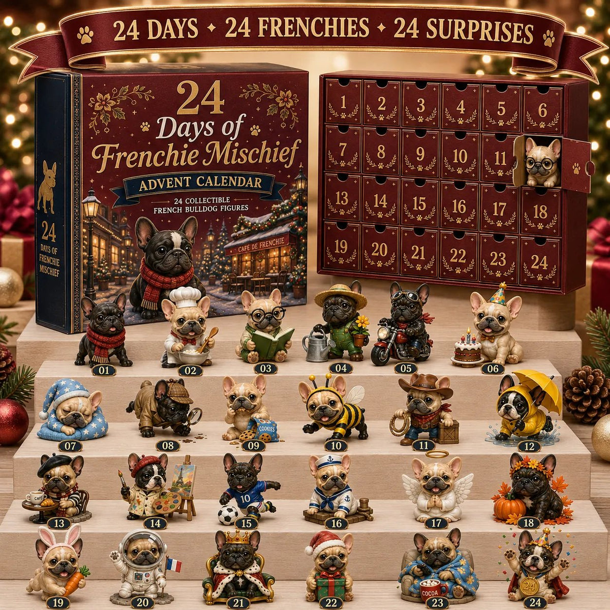 🐶 24-Day French Bulldog Christmas Advent Calendar-24 Unique Collectible Frenchie Characters with Different Outfits🎄✨