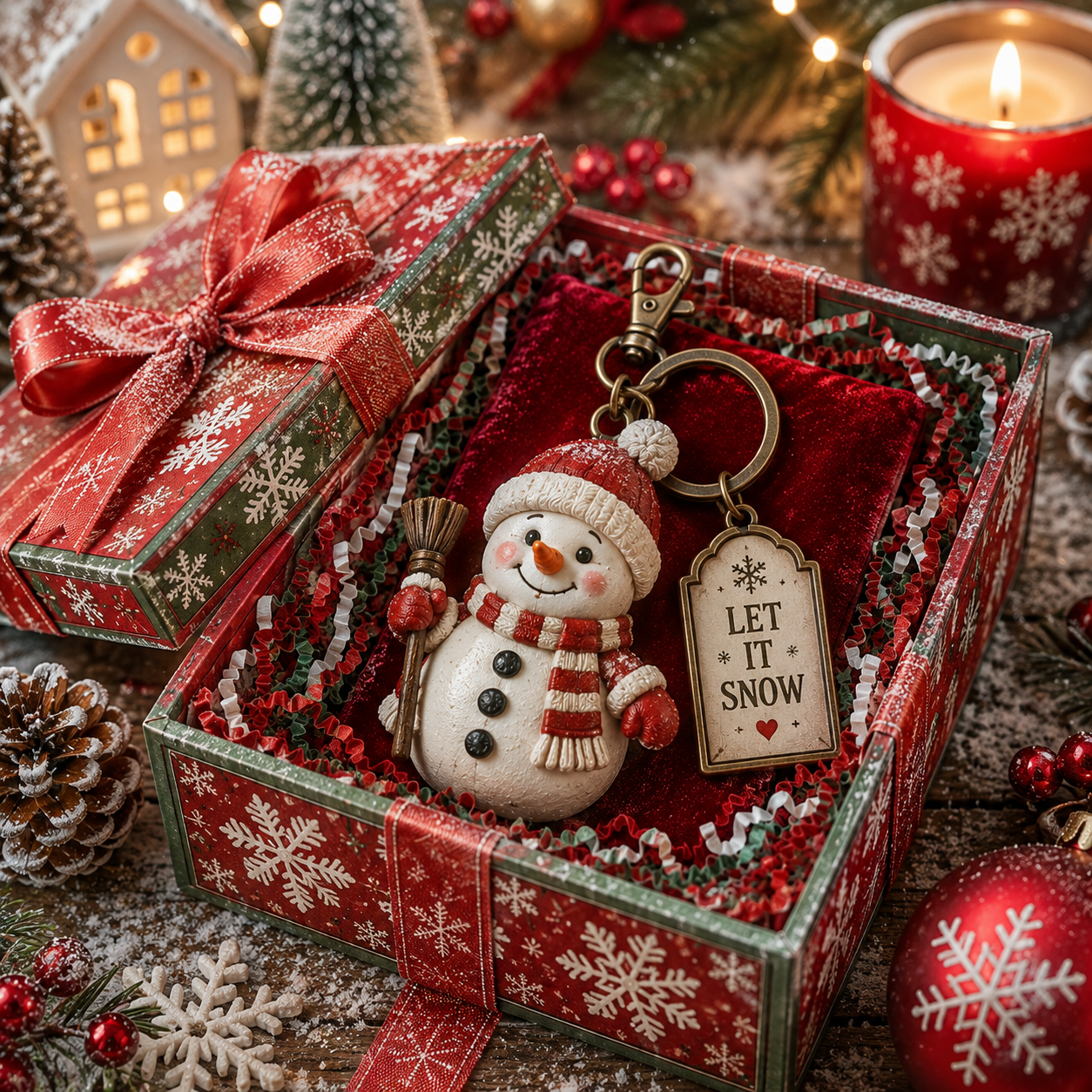 Snowman Christmas Character Keychain in festive gift box