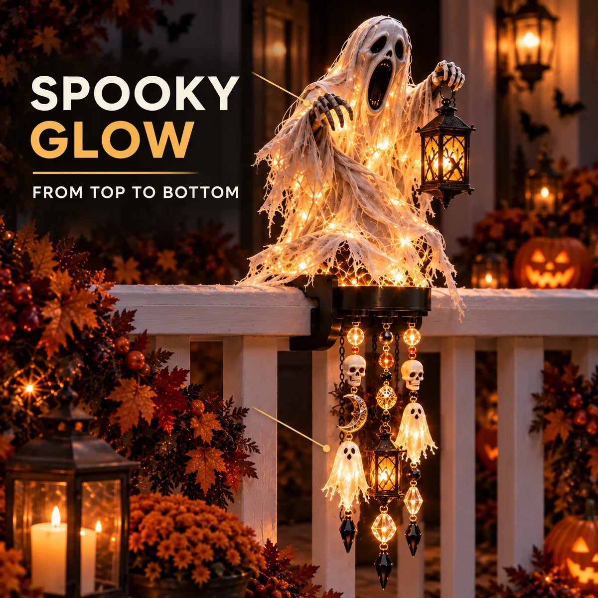 🔥 Halloween Character Glow Cascade Railing Lights – Pumpkin, Witch, Ghost & Black Cat