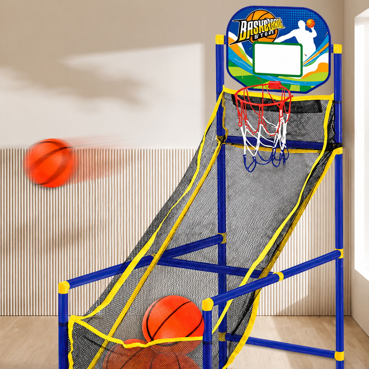 🏀 50% OFF! Kids‘ Indoor Basketball Arcade Game – Auto ball return, sturdy & safe. 4 balls + pump included. Quick setup, endless fun! 🧒💨