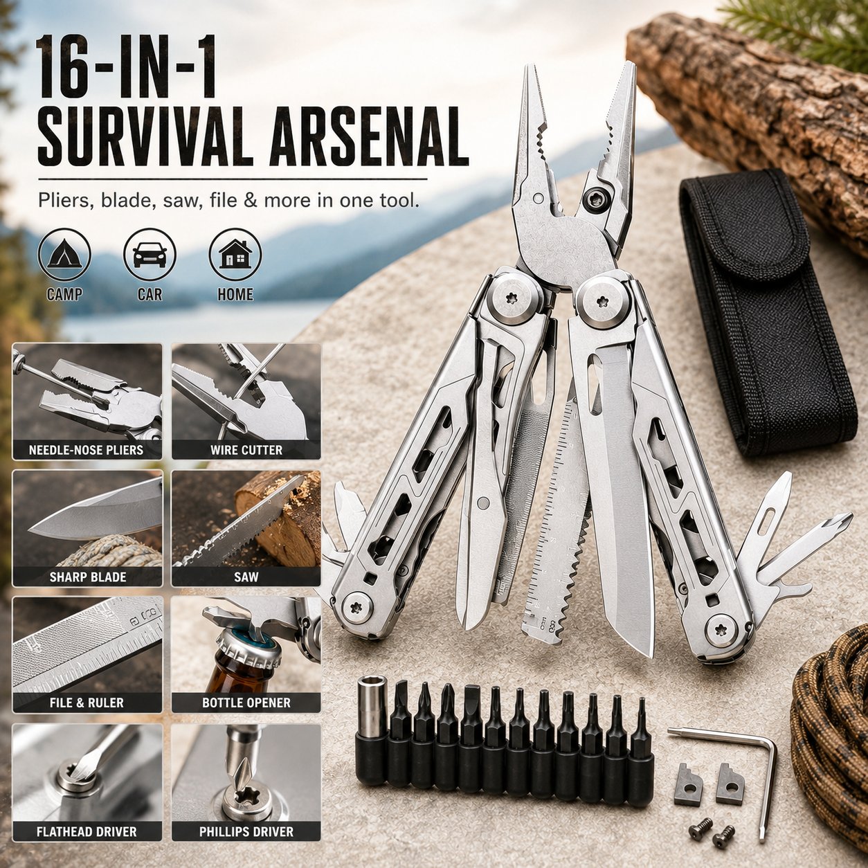 🏕️16‑in‑1 Multi‑Tool Pliers with Full‑Size Folding Scissors
