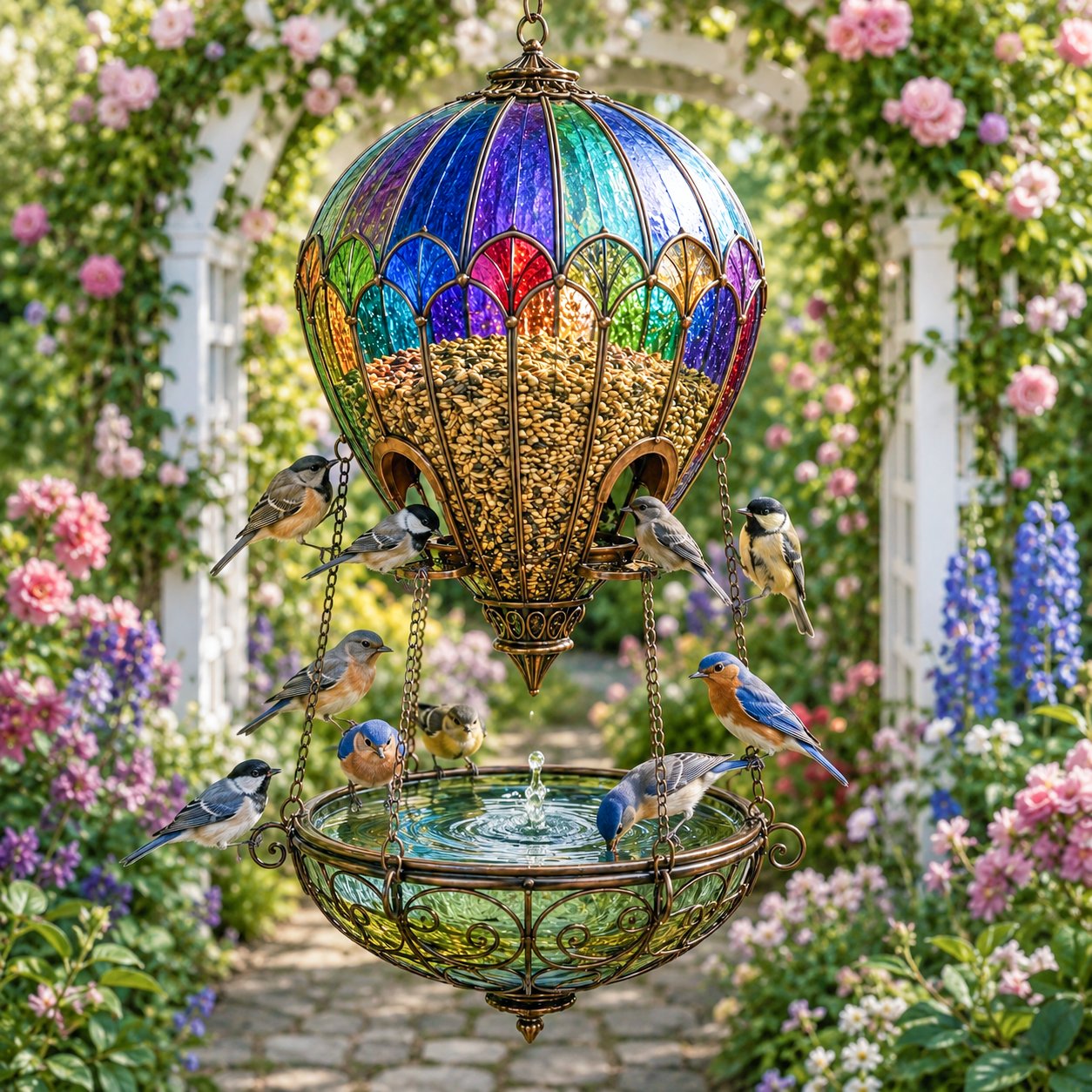 Stained Glass Hot Air Balloon Bird Feeder & Garden Fountain – Colorful Outdoor Bird Bath & Hanging Garden Decor