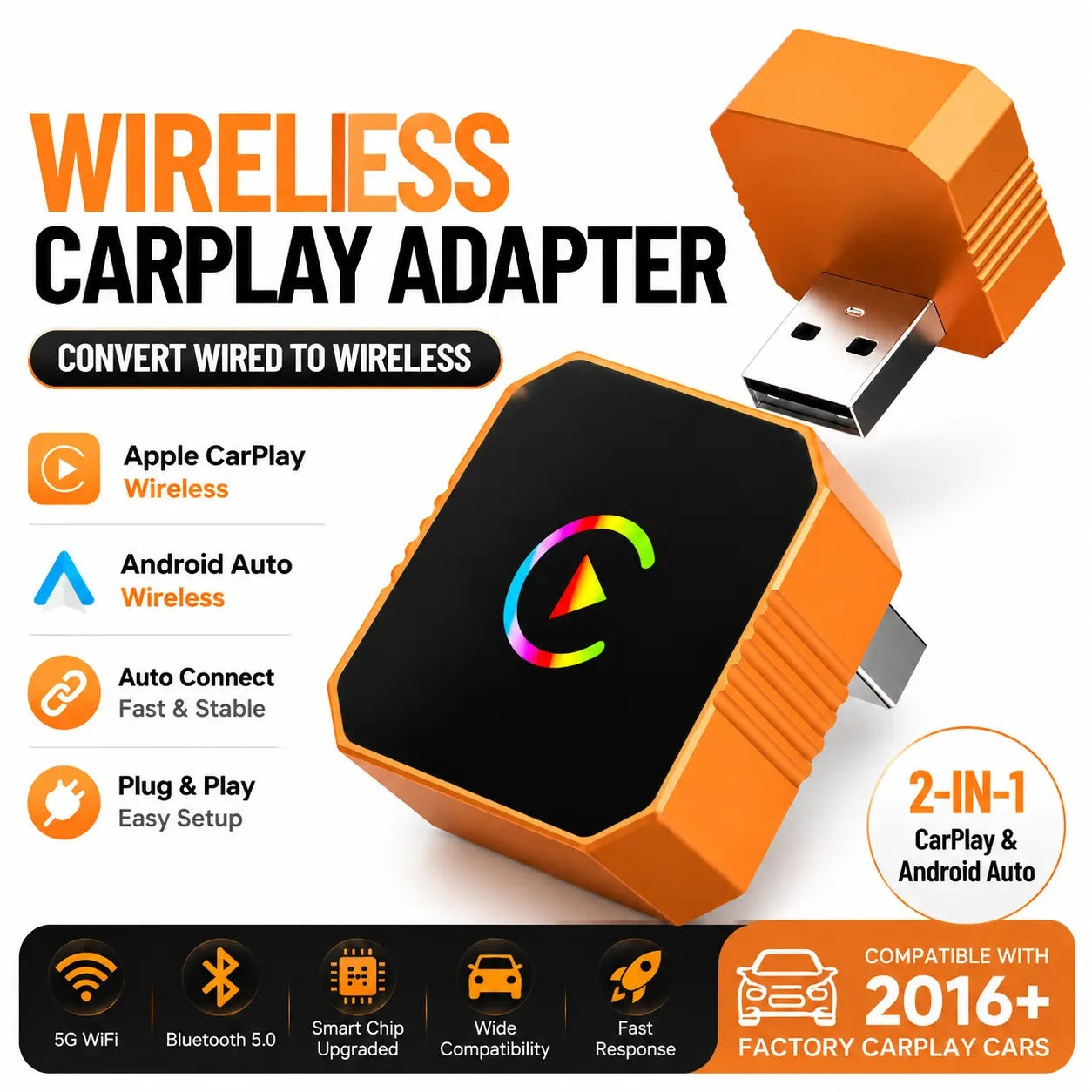 🔥Last Day 50% OFF🔥 Wireless CarPlay & Android Auto Adapter Dongle, Wired to Wi-Fi Conversion for 2016+ Factory CarPlay Cars