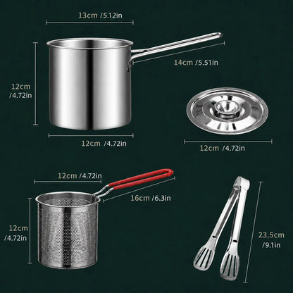 3-Piece Stainless Steel Mini Deep Fryer Set – Portable Pot with Strainer Basket & Food Tongs