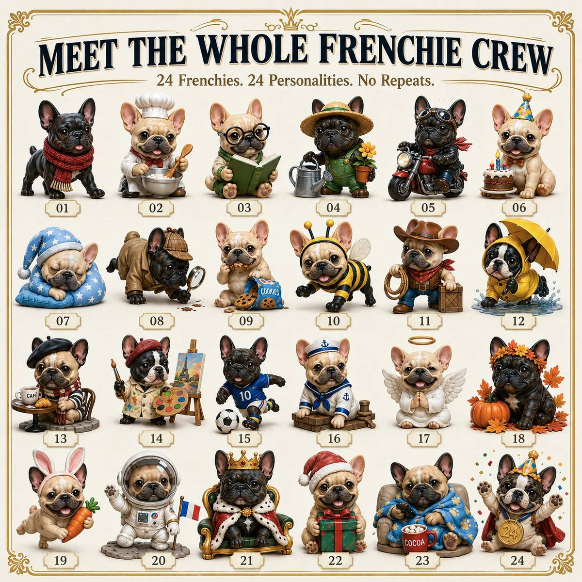 🐶 24-Day French Bulldog Christmas Advent Calendar-24 Unique Collectible Frenchie Characters with Different Outfits🎄✨