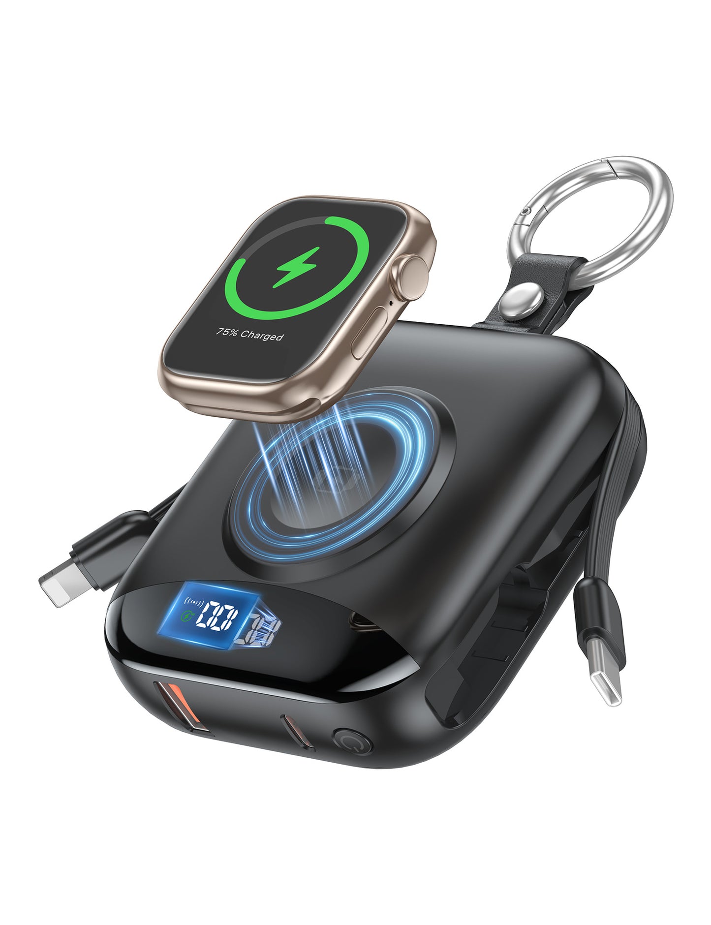 10000mAh Portable Charger Power Bank with Built-in Cables Travel Keychain Battery Pack for Apple Watch iPhone AirPods