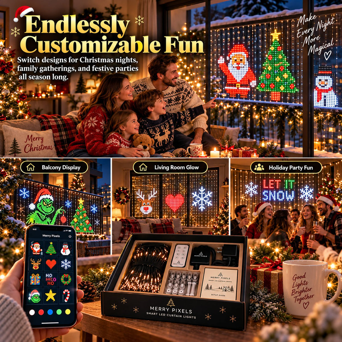 Animated Christmas LED Light Curtain | Custom App Designs & Remote Control