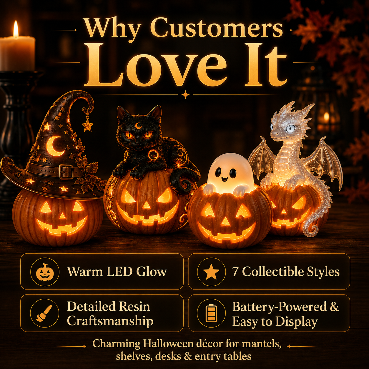 🎃 Enchanted Halloween Pumpkin LED Resin Figurine-7 Magical Light-Up Designs for Your Halloween Home
