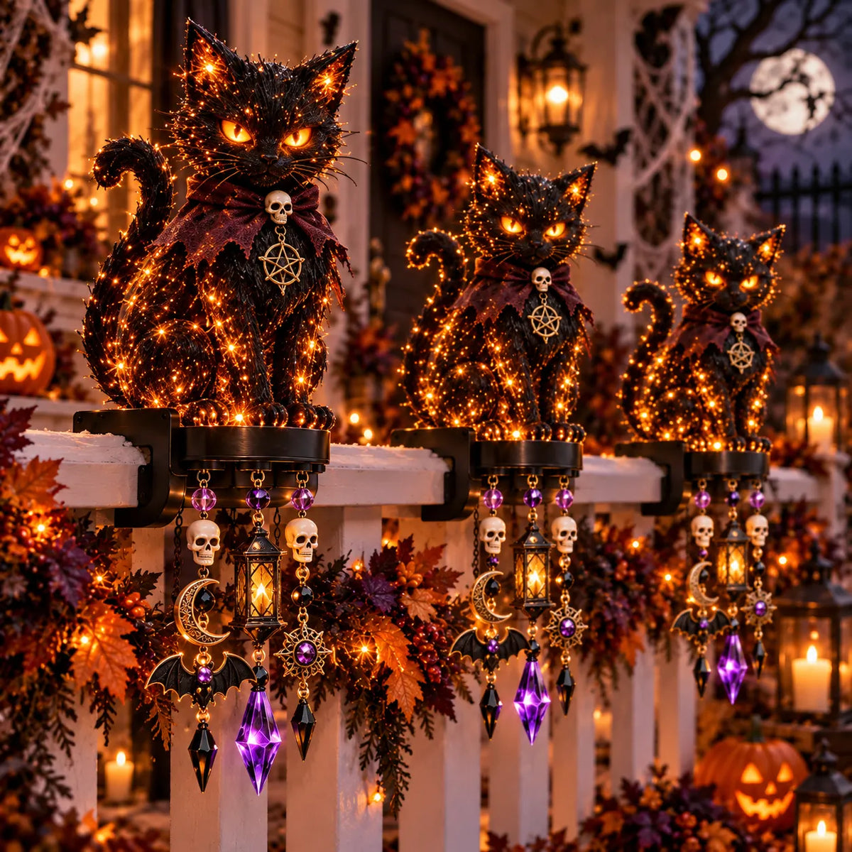 🔥 Halloween Character Glow Cascade Railing Lights – Pumpkin, Witch, Ghost & Black Cat