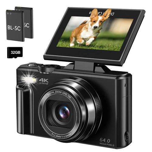 4K Flip Screen Digital Camera – 64MP, Wi-Fi & 18X Zoom