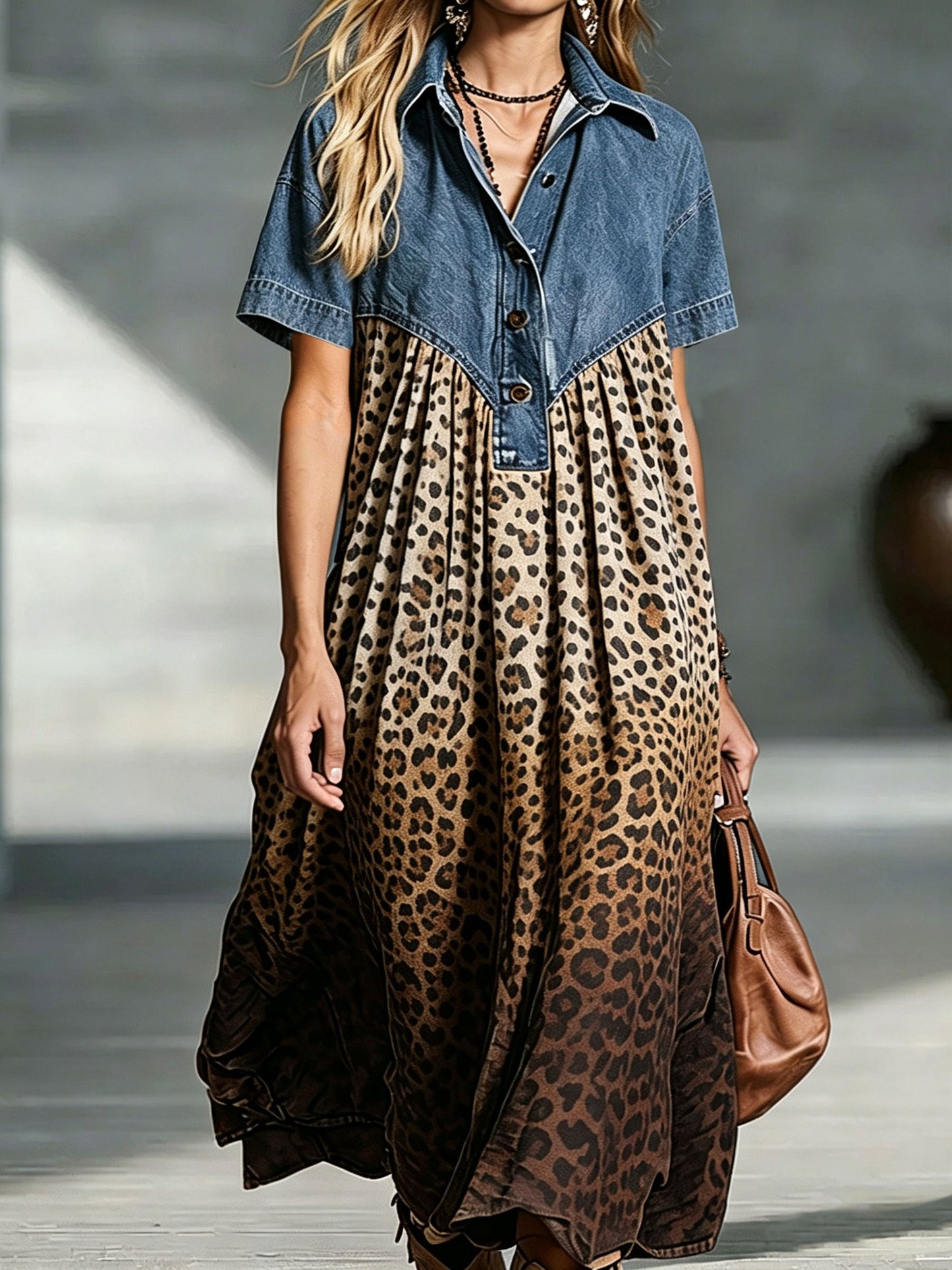 Women’s Denim Gradient Leopard Print Midi Dress – Stylish Spliced Shirt Dress with Casual Chic Fit