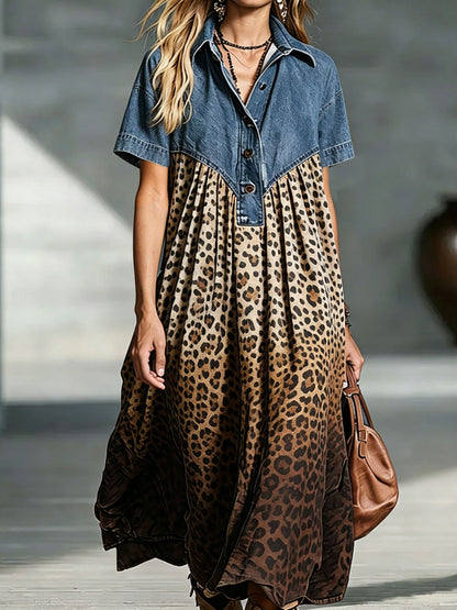 Women’s Denim Gradient Leopard Print Midi Dress – Stylish Spliced Shirt Dress with Casual Chic Fit