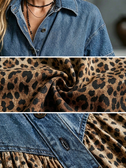 Women’s Denim Gradient Leopard Print Midi Dress – Stylish Spliced Shirt Dress with Casual Chic Fit