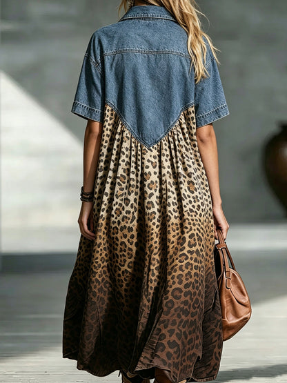 Women’s Denim Gradient Leopard Print Midi Dress – Stylish Spliced Shirt Dress with Casual Chic Fit