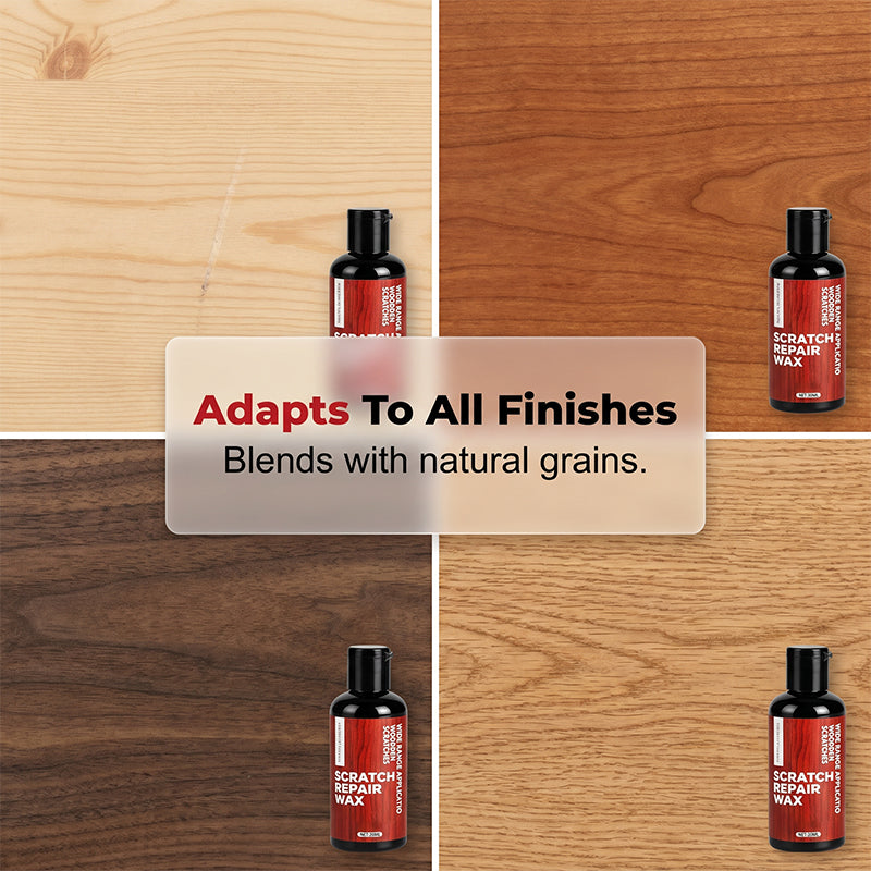 Scratch repair wax shown on different wood grain finishes