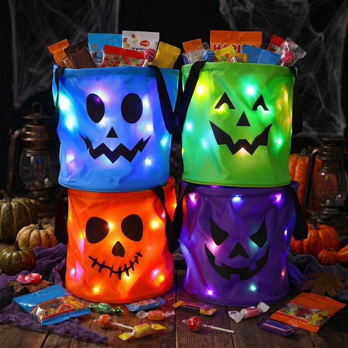 🎃Halloween LED Candy Bucket Bags – 4 Pack Pumpkin Trick or Treat Bags