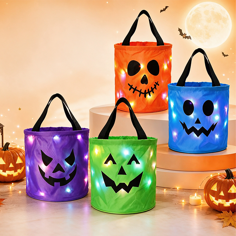 🎃Halloween LED Candy Bucket Bags – 4 Pack Pumpkin Trick or Treat Bags