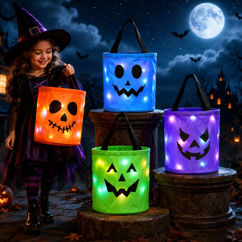 🎃Halloween LED Candy Bucket Bags – 4 Pack Pumpkin Trick or Treat Bags