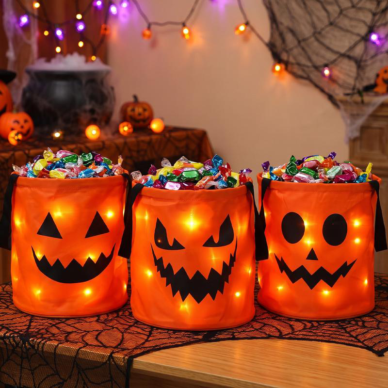 🎃Halloween LED Candy Bucket Bags – 4 Pack Pumpkin Trick or Treat Bags