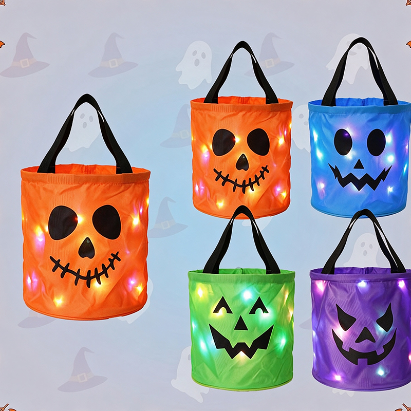🎃Halloween LED Candy Bucket Bags – 4 Pack Pumpkin Trick or Treat Bags